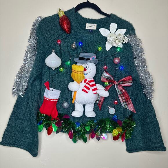 Ugly Christmas Sweater Singing Frosty Snowman LIGHTS UP Tinsel Xmas Party Winner - Picture 1 of 5